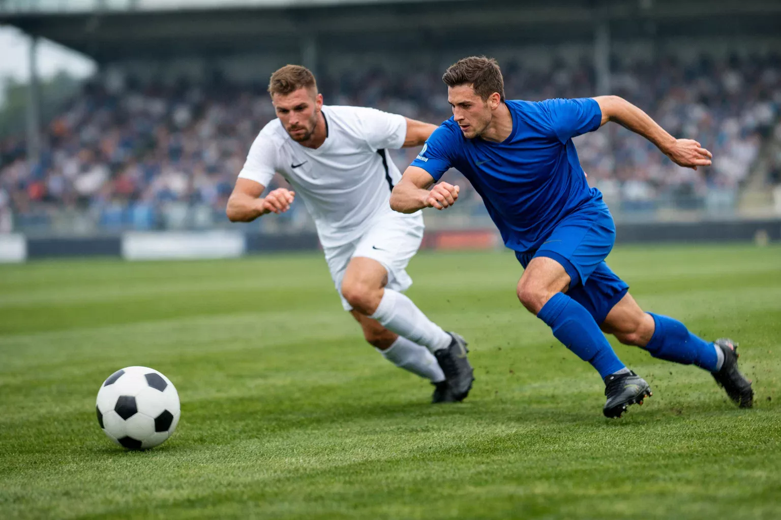 Voetballer in actie op een groen veld tijdens een competitiewedstrijd
