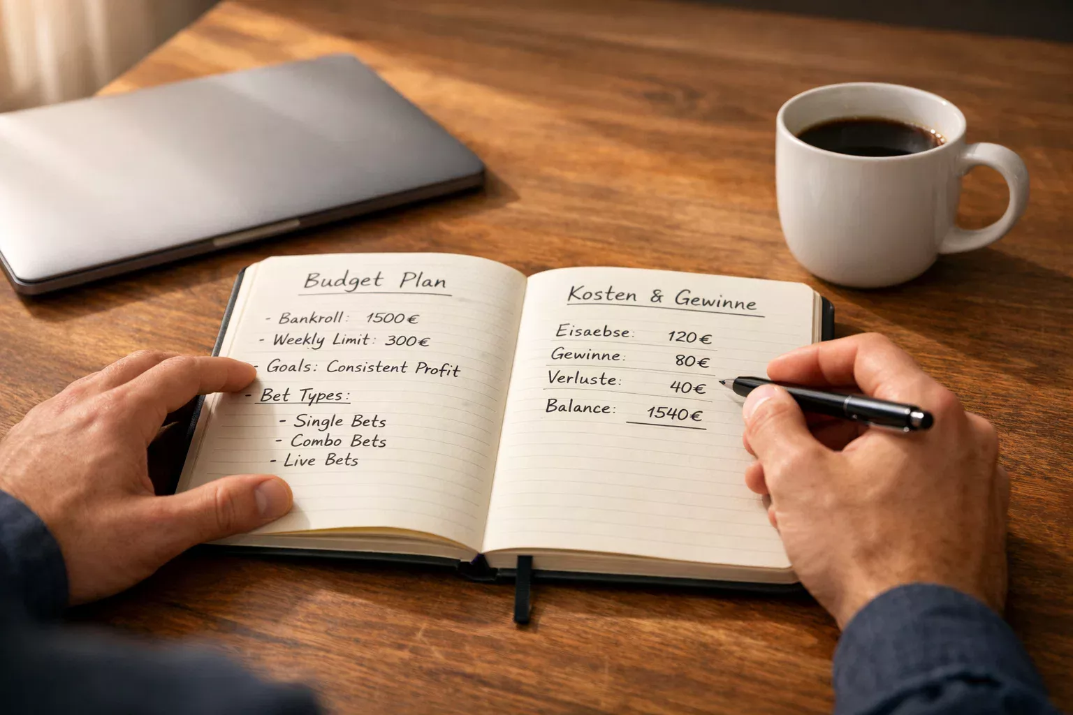 Man plant zijn wedbudget met notitieboekje en pen op een bureau