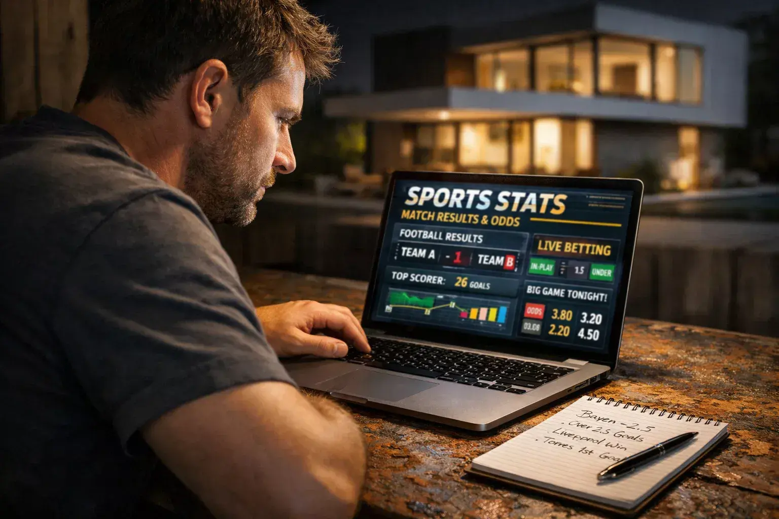 Persoon vergelijkt sportweddenschappen op een laptop in een huiskamer