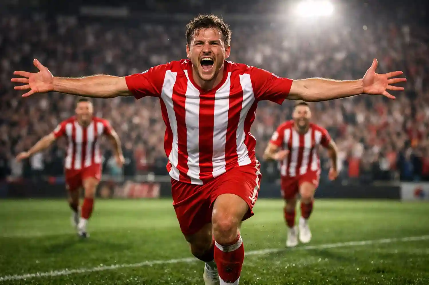 Voetbalspeler viert een doelpunt met armen wijd in het stadion