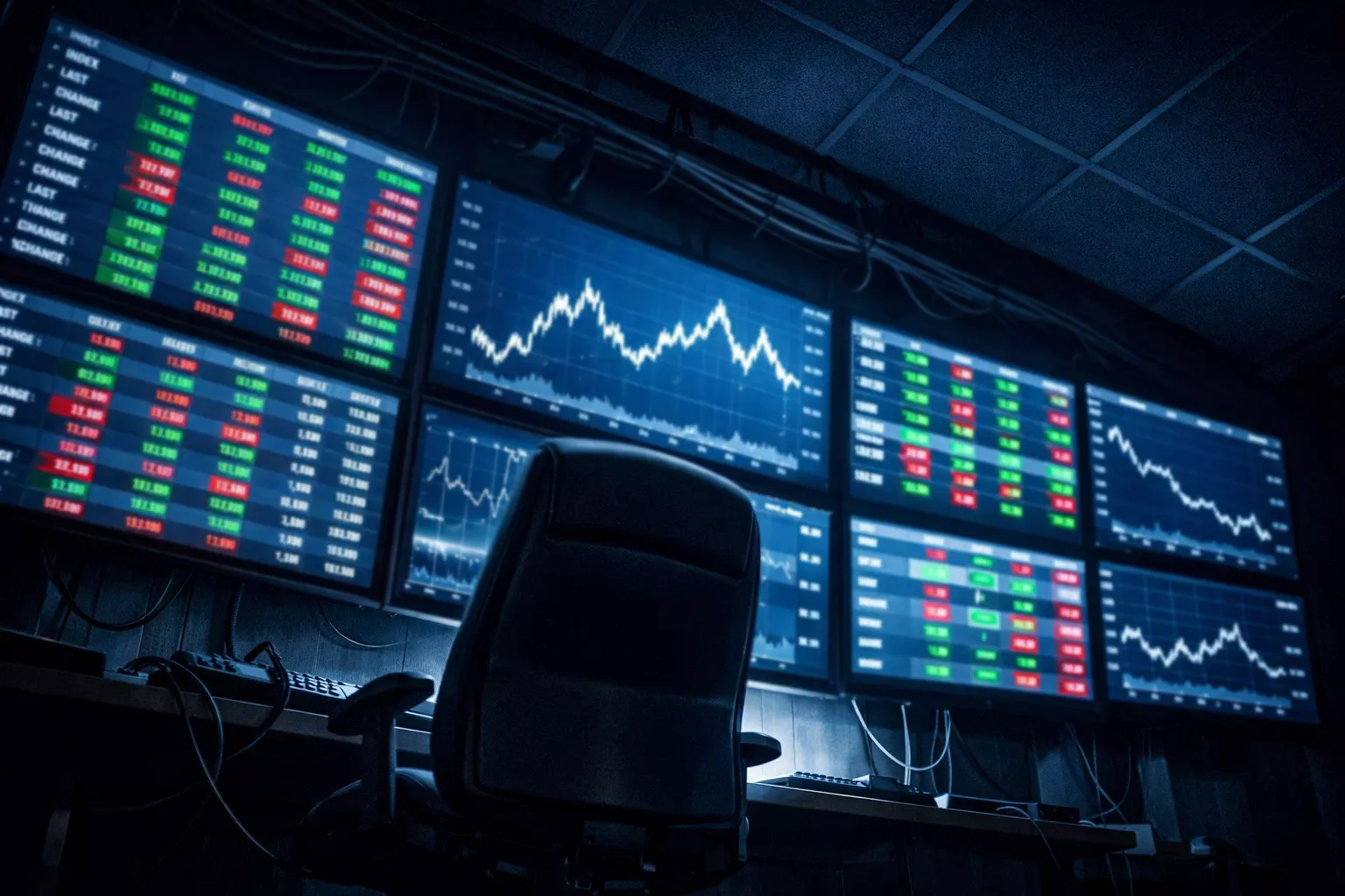 Handelsvloer met schermen vol data en koerslijnen