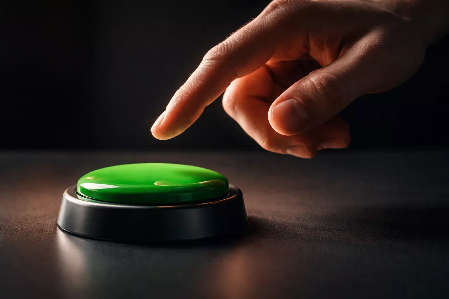 Hand boven een groene knop op een bureau, moment van beslissing