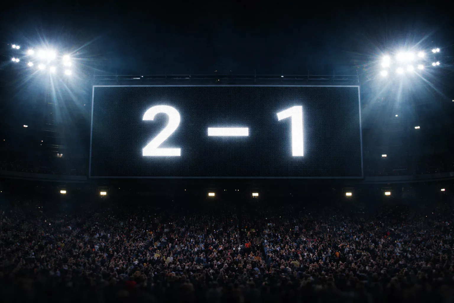 Voetbalscoreboard met exacte eindstand op een stadionscherm