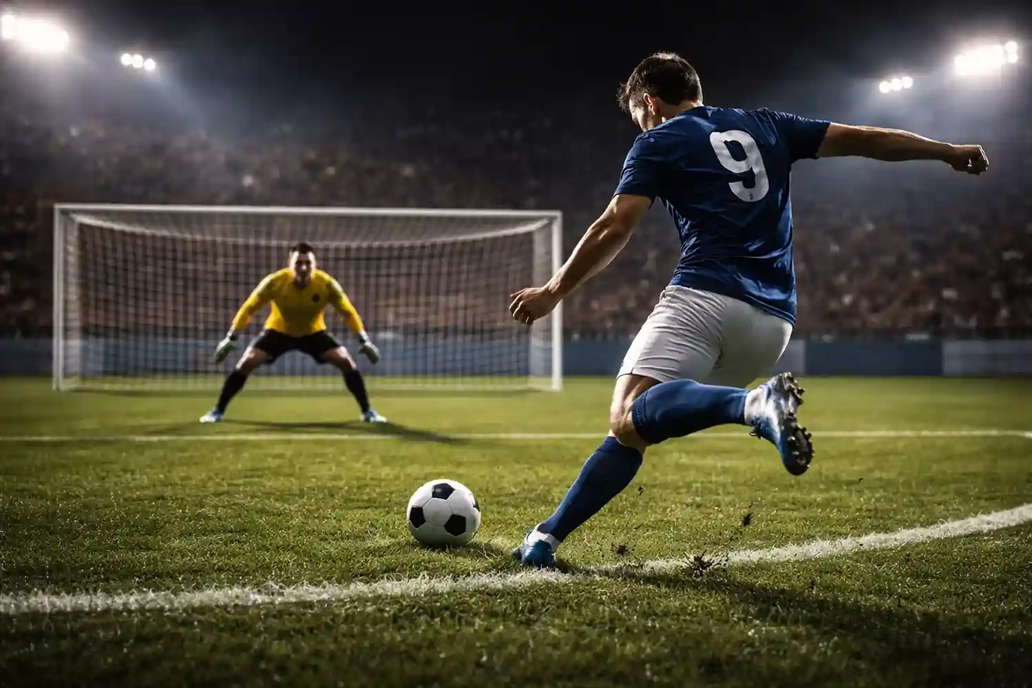 Voetballer schiet op doel vanuit het strafschopgebied in stadionlicht