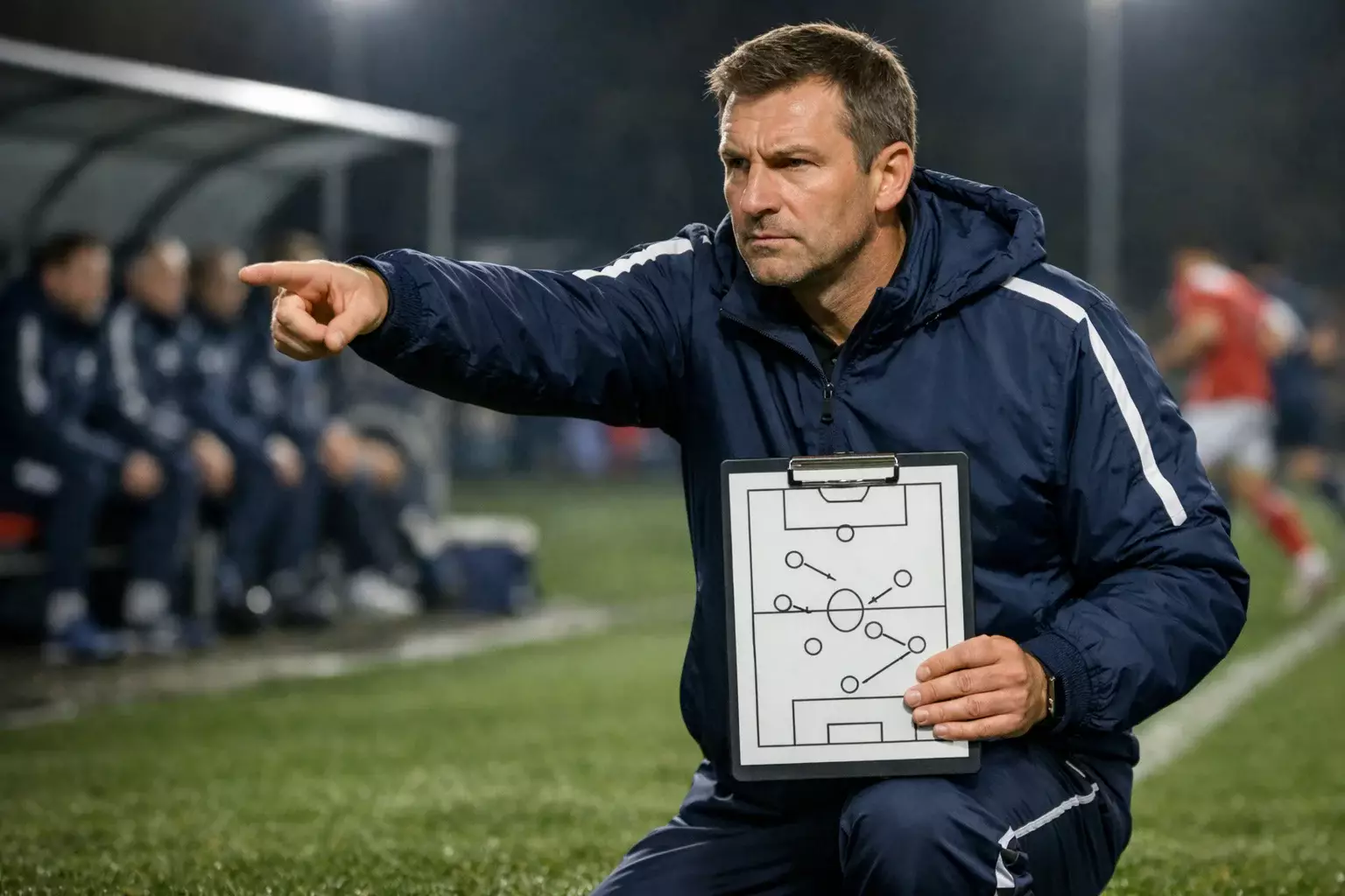Voetbalcoach met tactisch bord langs de lijn