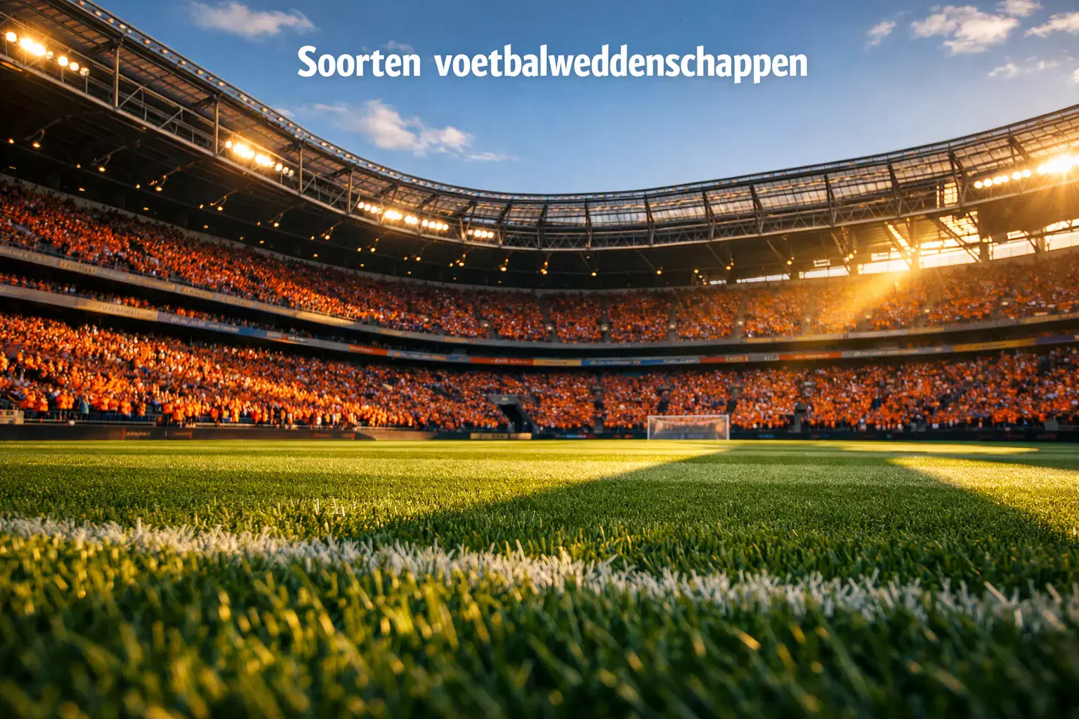 Voetbalstadion met groene grasmat en supporters op de tribune