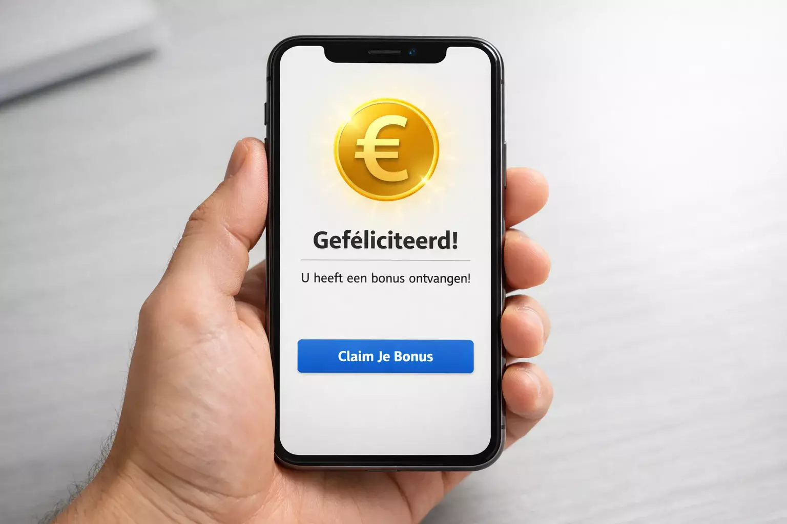 Hand met smartphone toont notificatie met € symbool