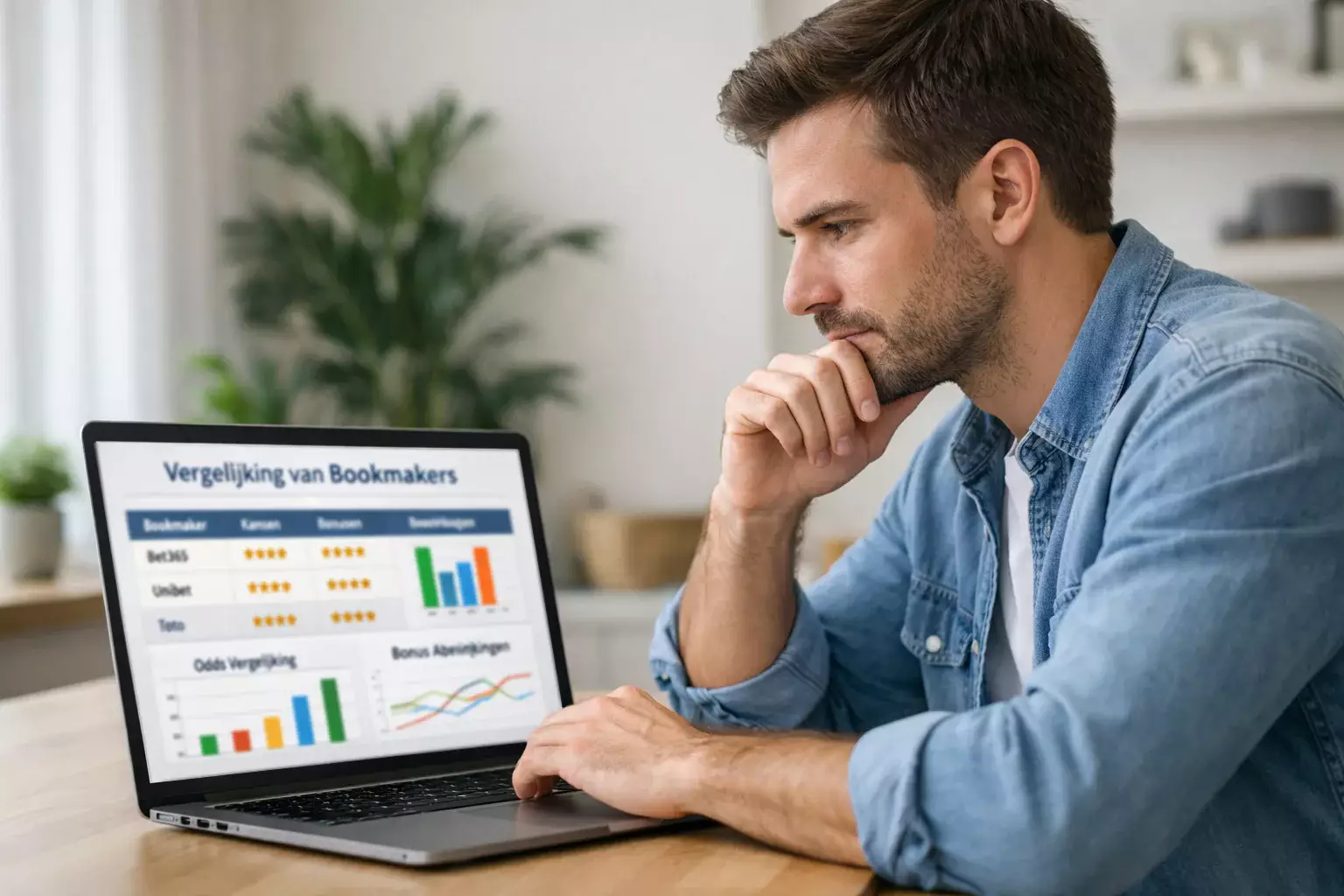Man vergelijkt opties op laptop scherm