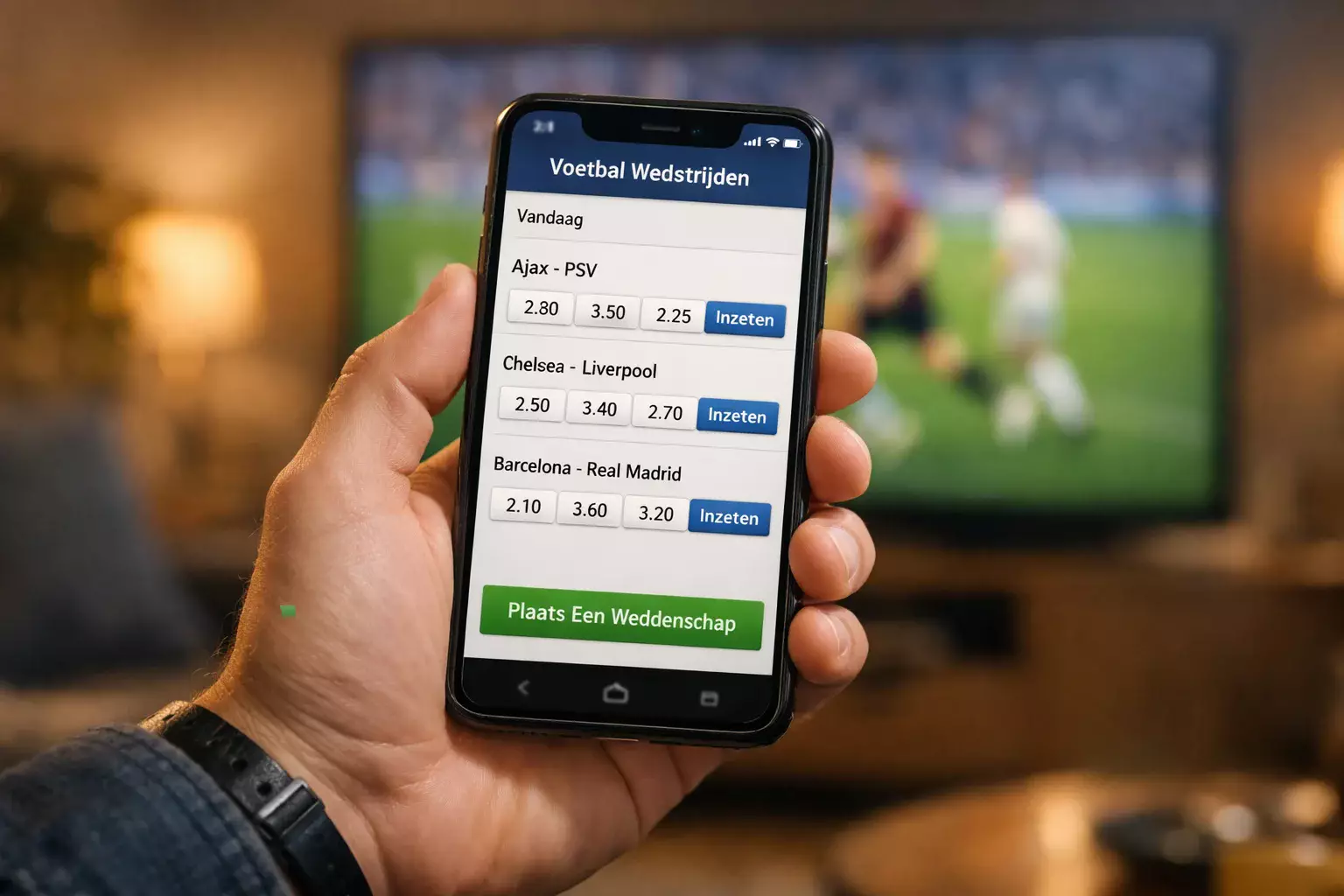 Smartphone met sportweddenschappen app en voetbalwedstrijd op achtergrond