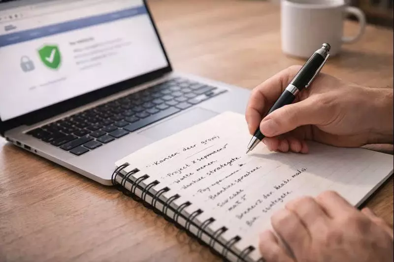 Persoon maakt aantekeningen in notitieboek naast laptop