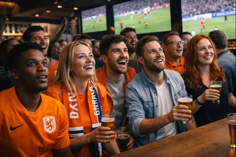 Voetbalfans kijken wedstrijd op groot scherm in sportcafé