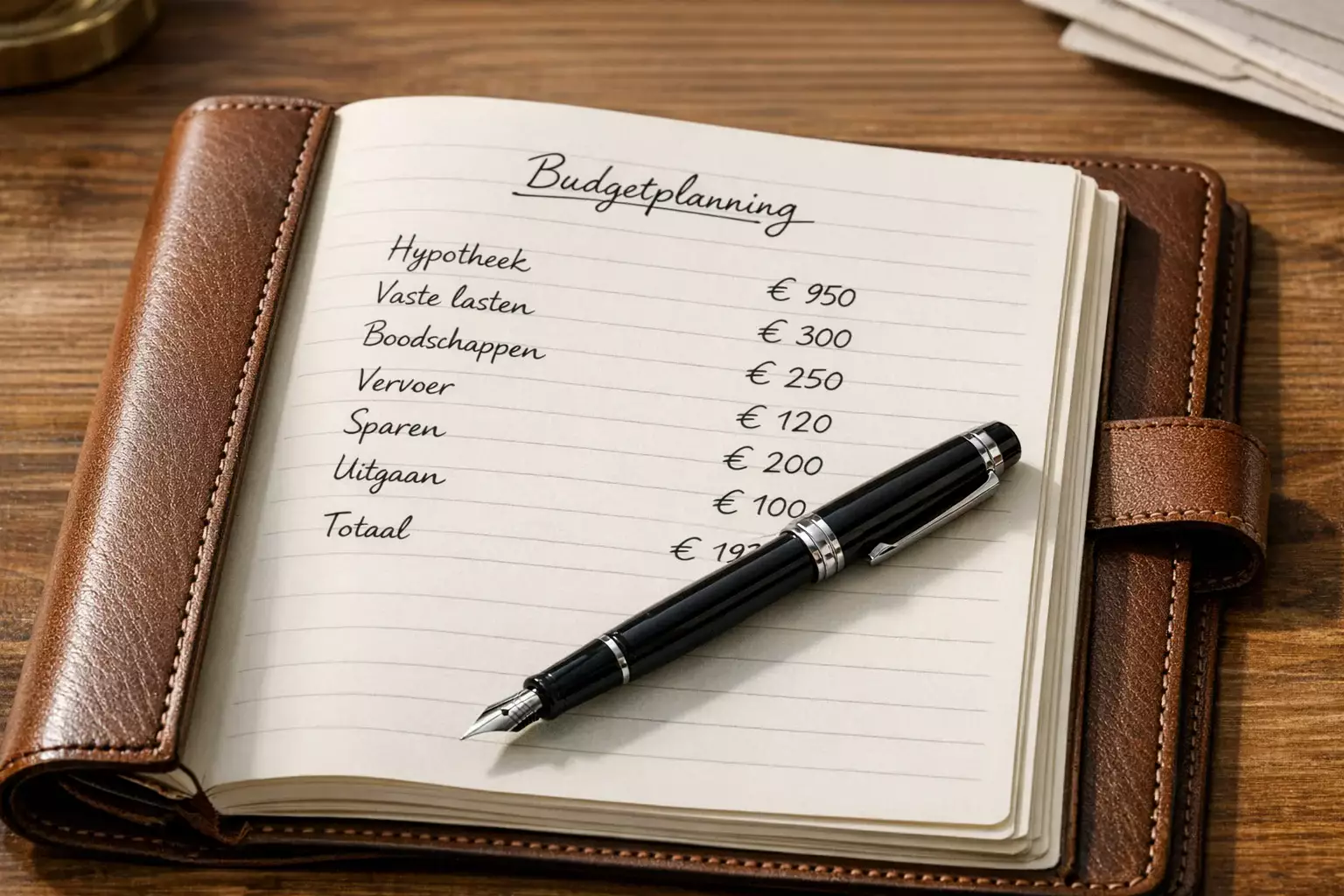 Notitieboek met budgetplanning en pen op bureau