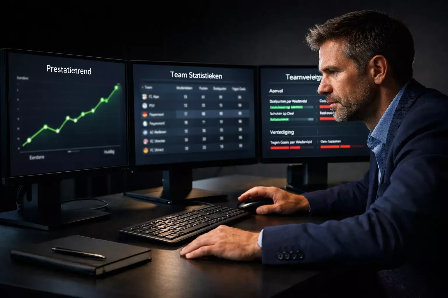 Voetbalanalist bestudeert wedstrijdstatistieken op monitor