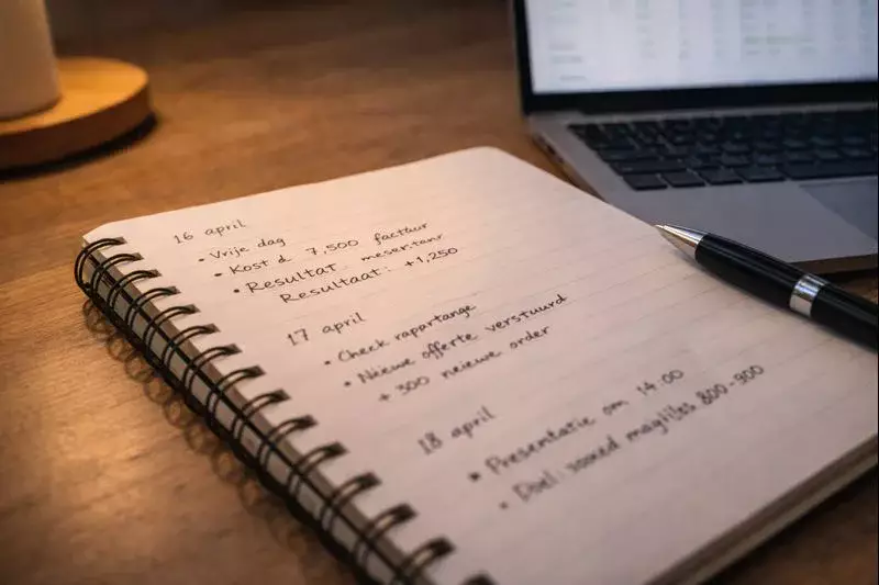 Open notitieboek met handgeschreven notities en laptop