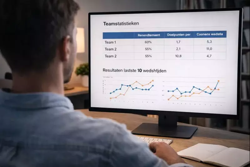 Persoon analyseert voetbalstatistieken op computerscherm