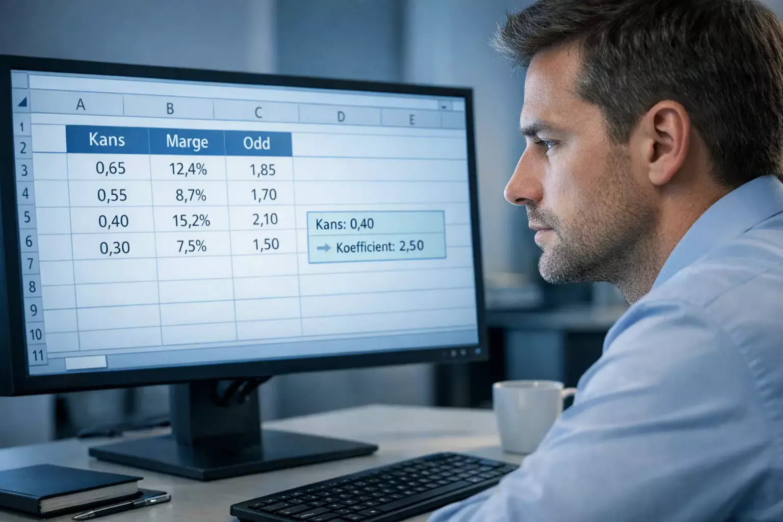 Analist werkt met spreadsheet op computerscherm