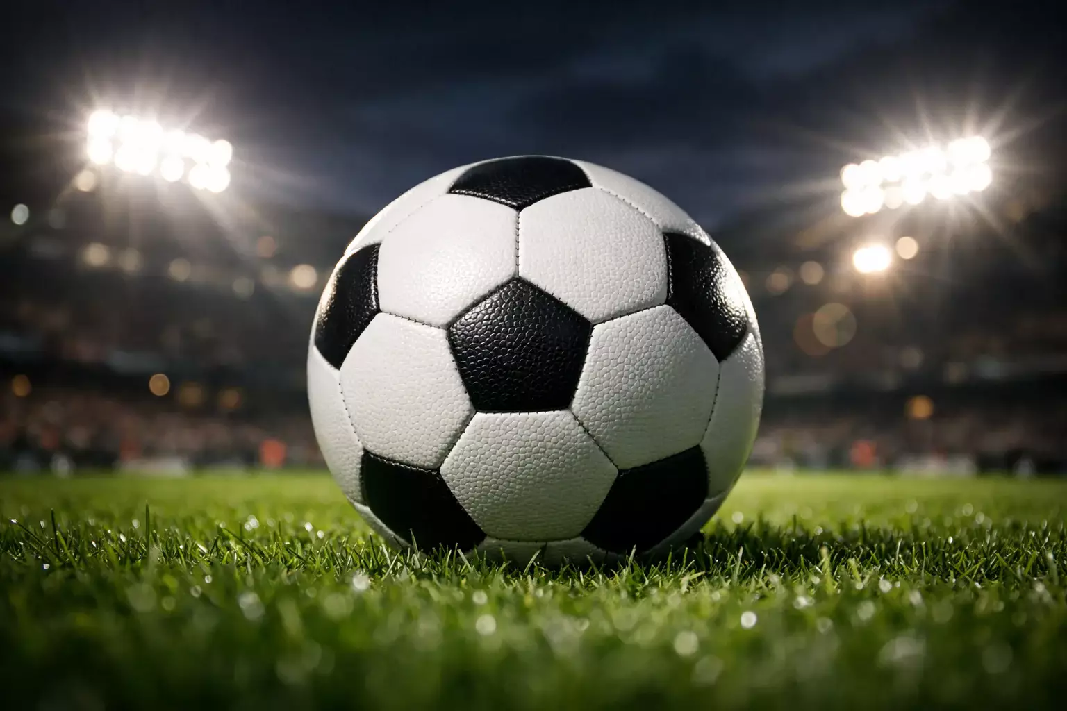 Close-up van voetbal op groen grasveld met stadionlichten