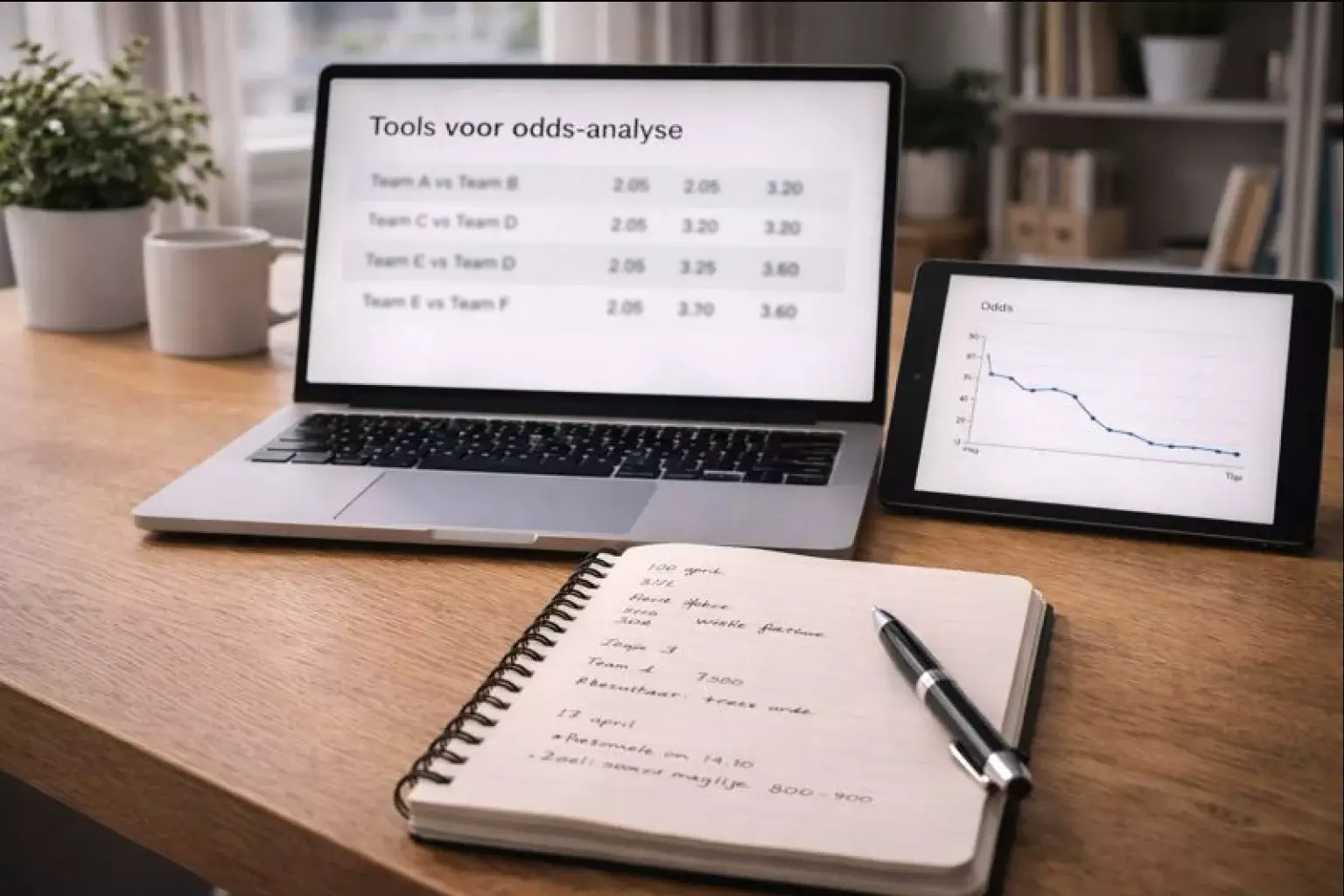 Bureau met laptop, tablet en notitieboek voor analyse