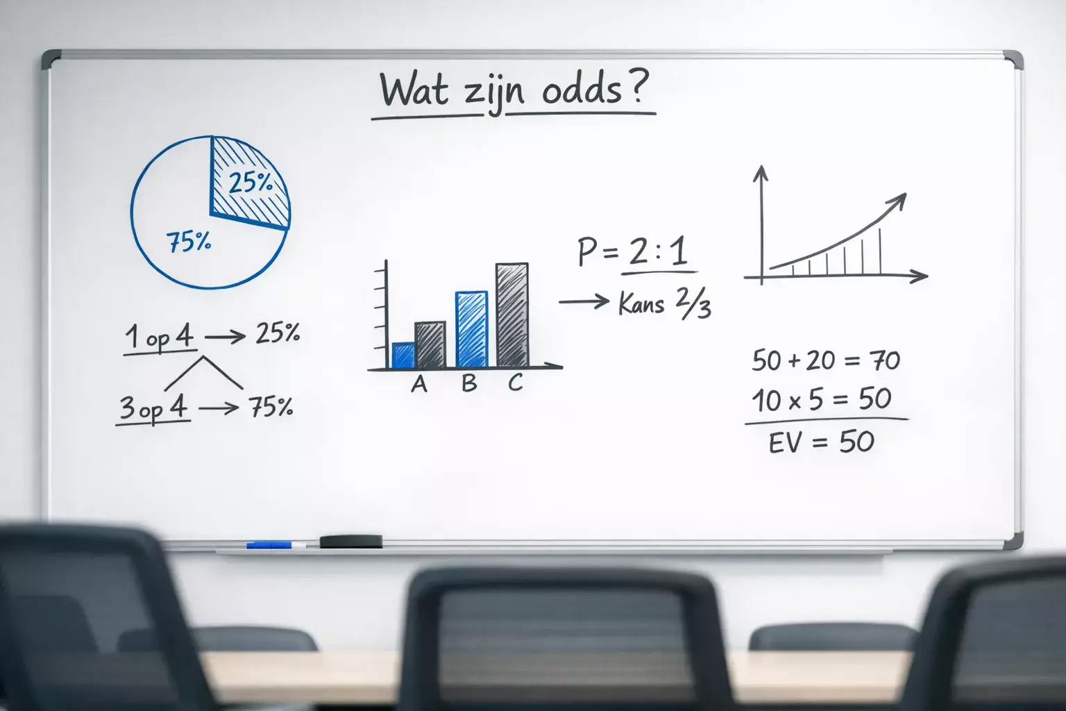 Whiteboard met uitleg en diagrammen in vergaderruimte