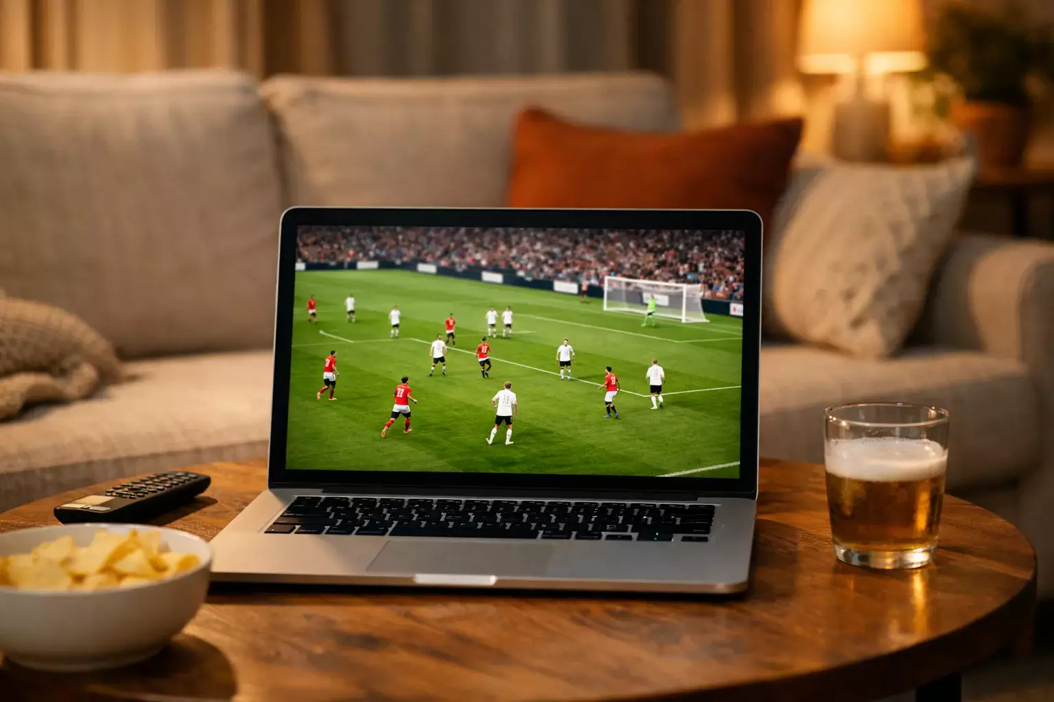 Laptop met live voetbalstream in woonkamer