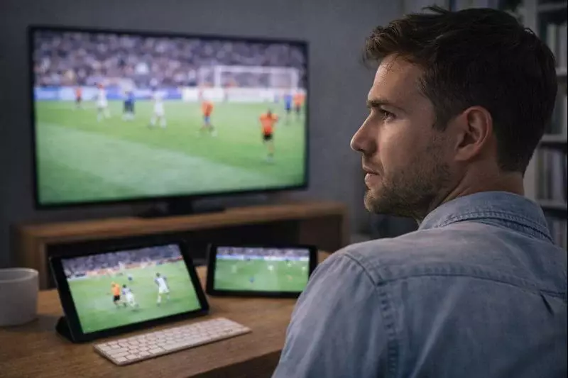 Geconcentreerde man kijkt naar meerdere schermen met wedstrijden