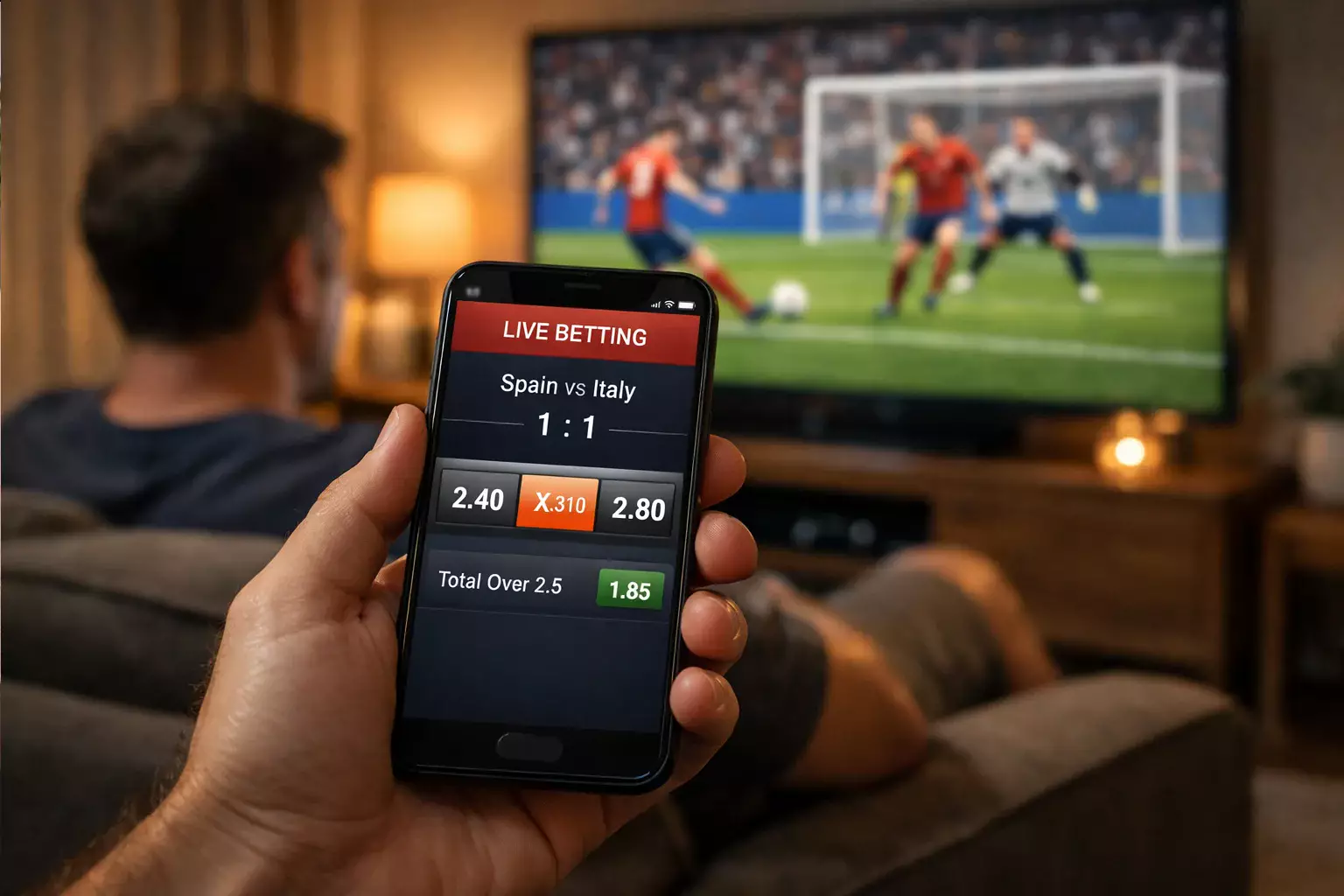 Persoon kijkt voetbal op tv met smartphone in hand