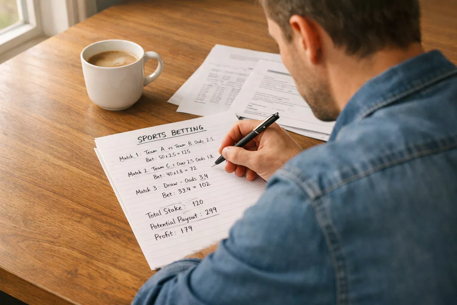 Persoon berekent belasting met pen en papier naast een kop koffie