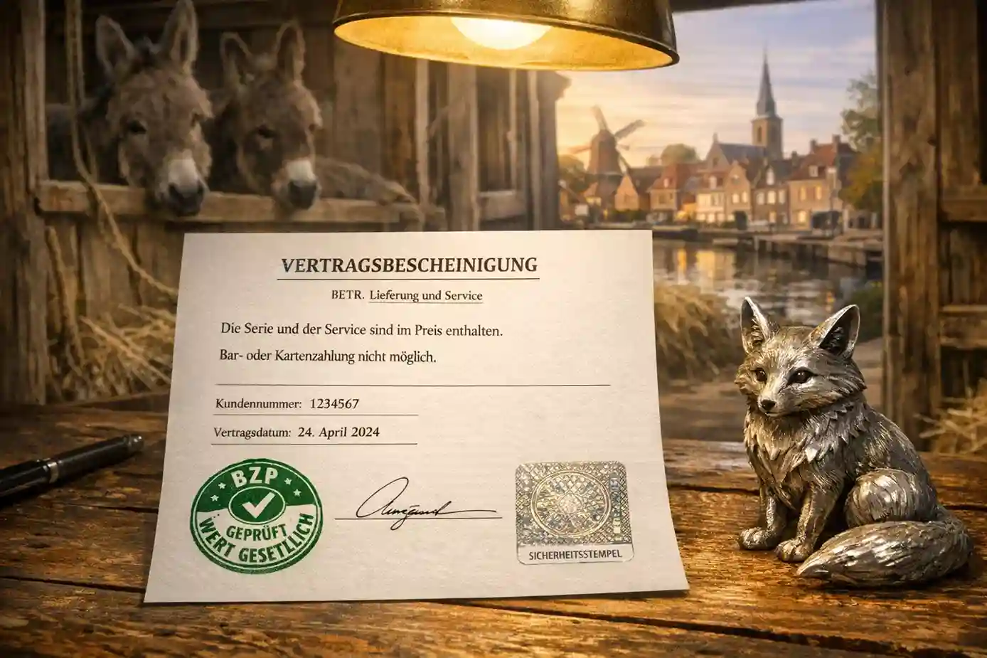 Officieel document met een goedkeuringsstempel op een houten bureau