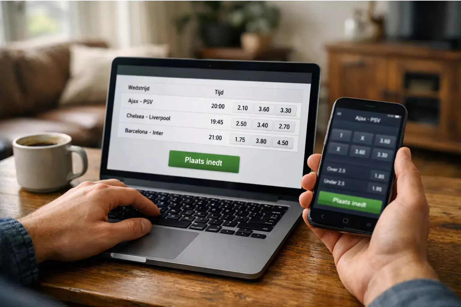 Persoon die op laptop en smartphone een voetbalweddenschap plaatst