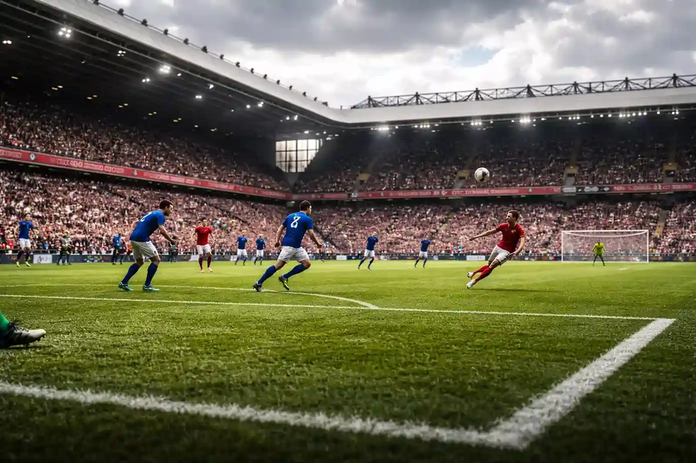 Premier League voetbalwedstrijd op een groen grasveld in een vol Engels stadion