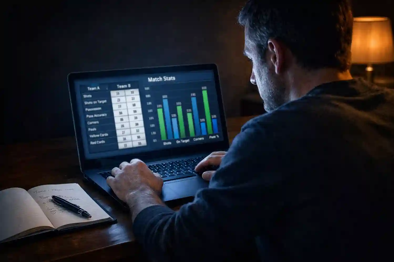 Analytisch dashboard met voetbalstatistieken op een laptopscherm