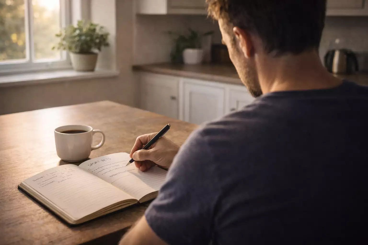 Persoon schrijft in een notitieboekje aan een rustige tafel met een kop thee