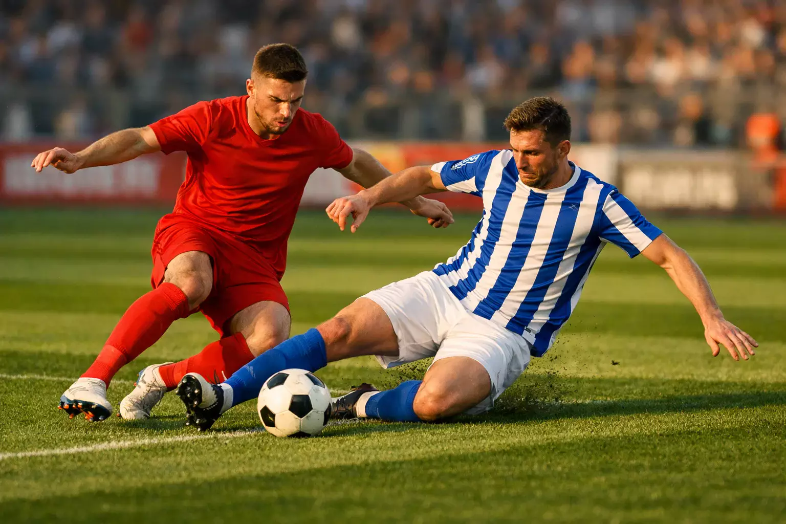 Voetballers in actie tijdens een professionele wedstrijd op groen grasveld