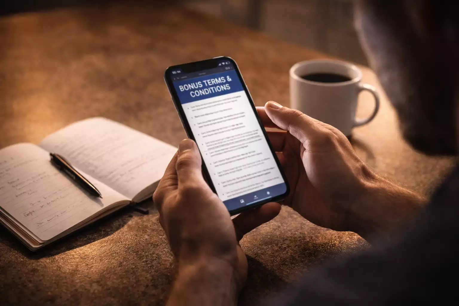 Persoon leest bonusvoorwaarden op een smartphone met een notitieboekje erbij