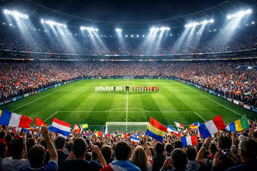 Voetbalstadion tijdens een WK-wedstrijd met volle tribunes en veldverlichting
